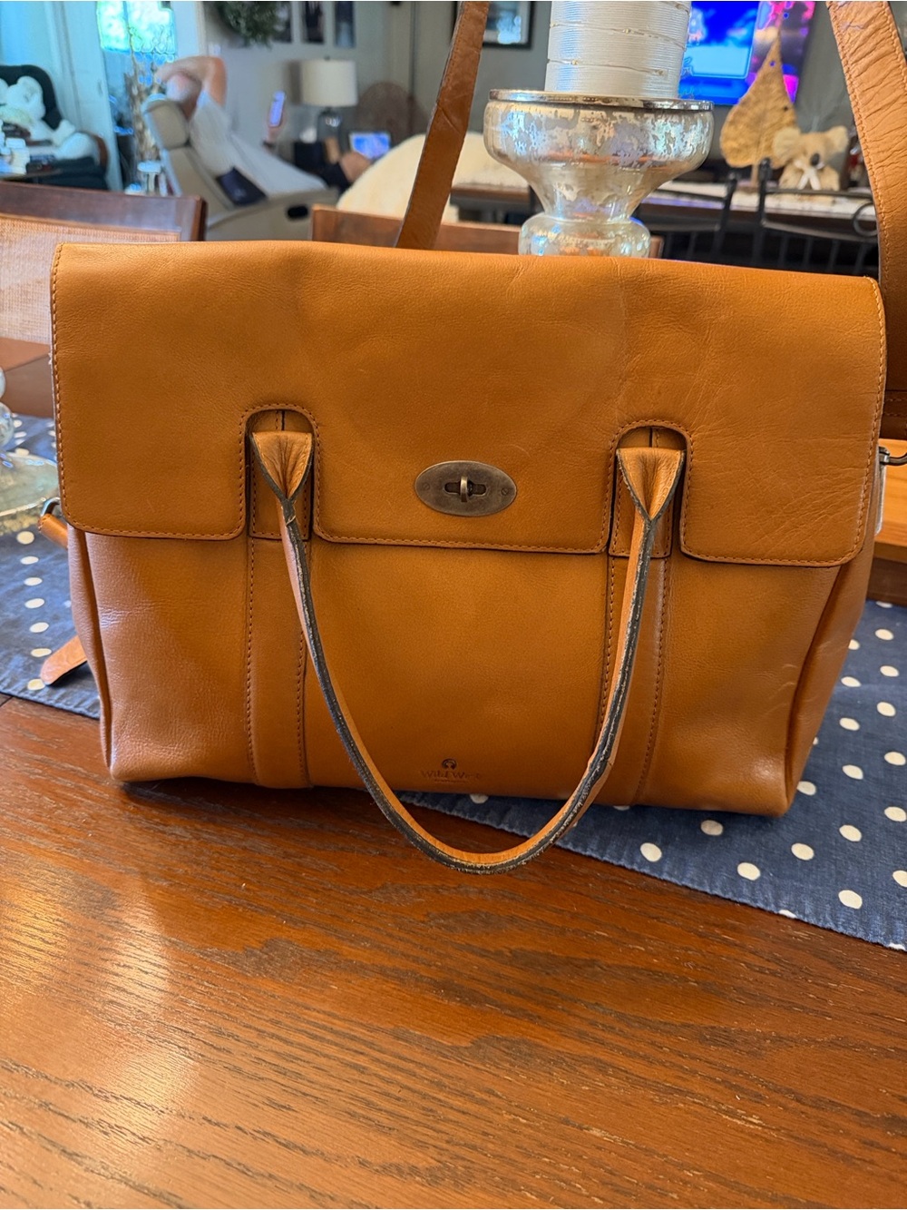 Wild West  Tan Leather Top-Handle Satchel with Turn-Lock Closure
